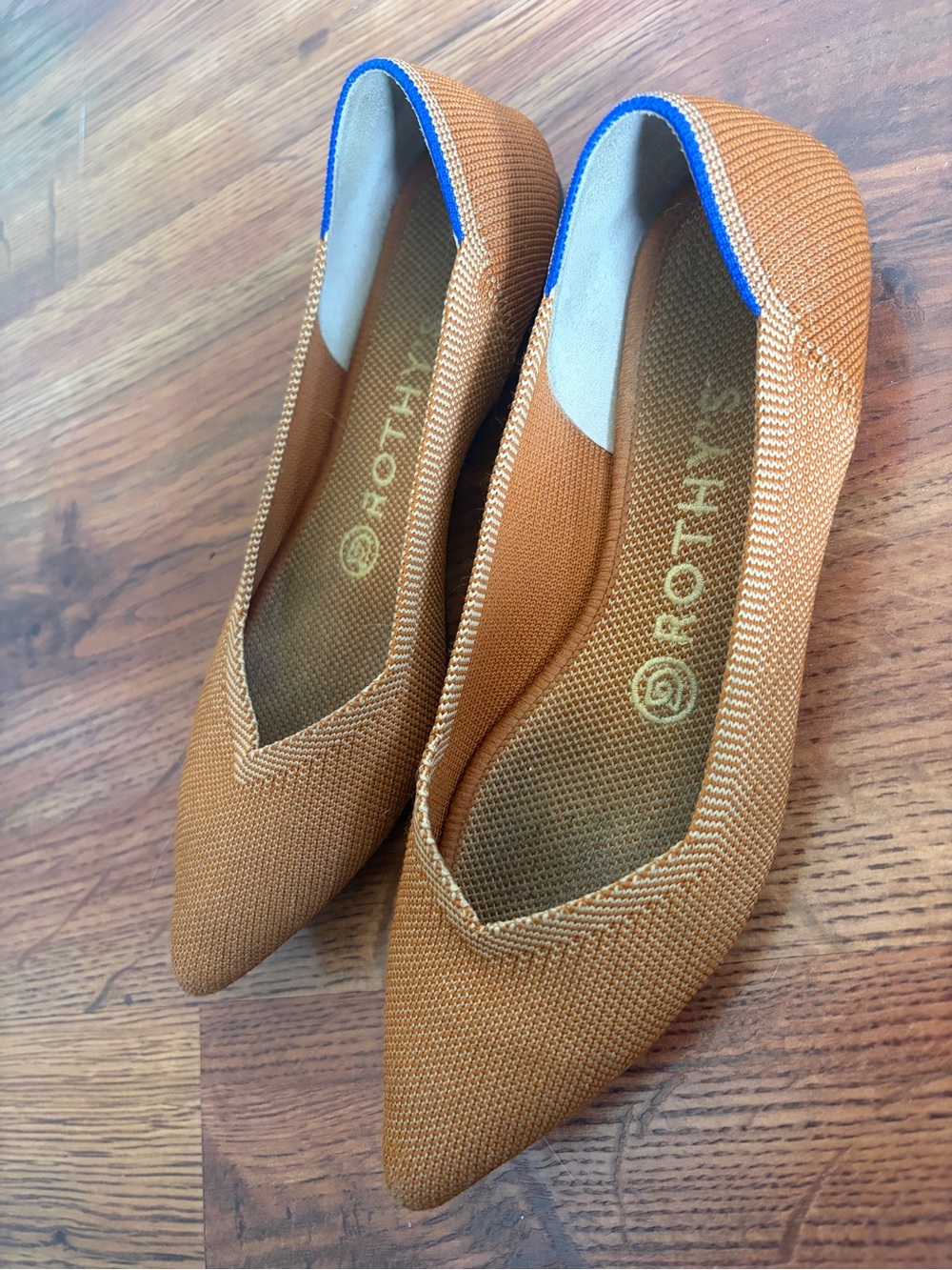 Rothy's Pointed Knit Flats in Camel with Blue Trim - Picture 2 of 3